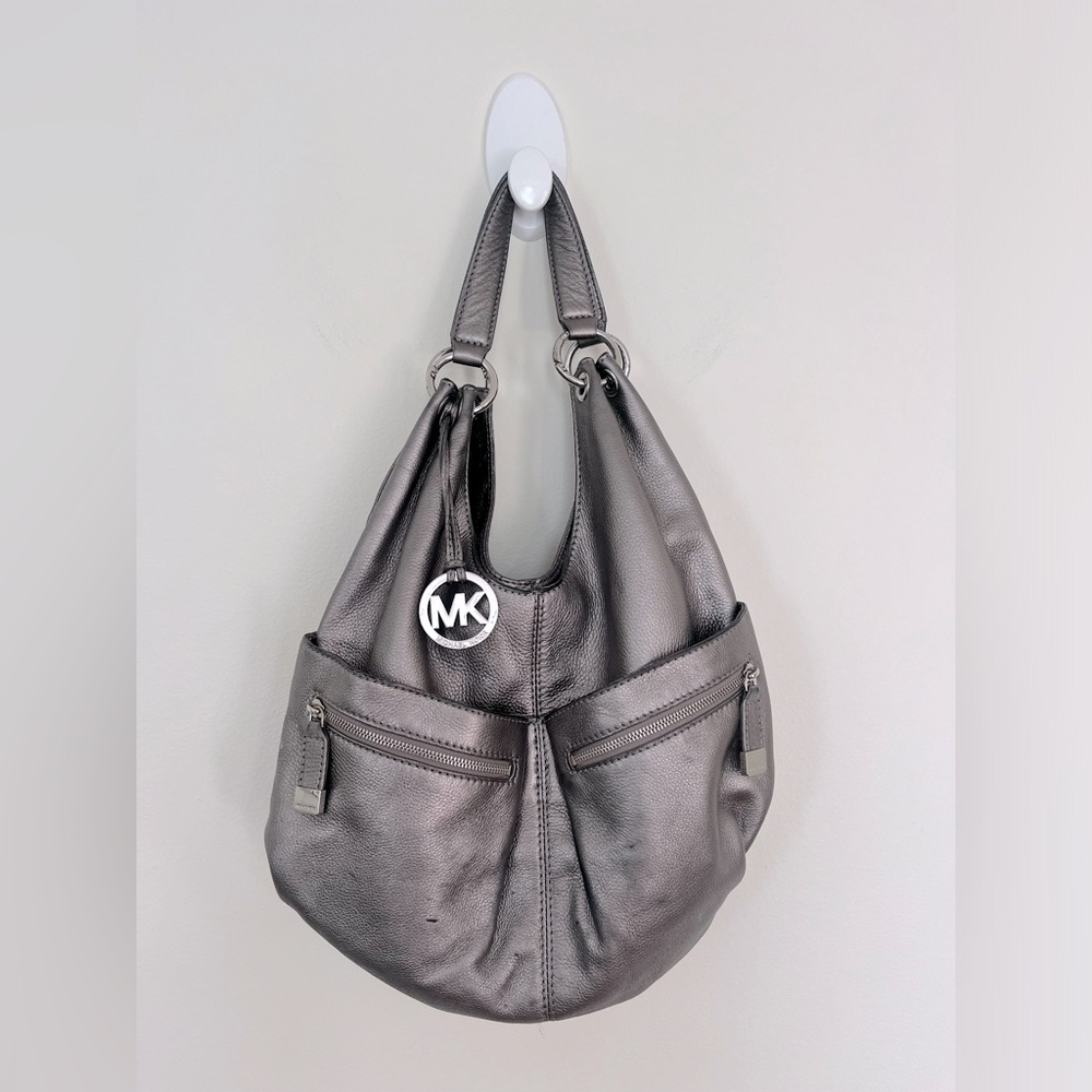 Michael Kors Hobo Shoulder Bag Pebbled Leather Metallic Silver